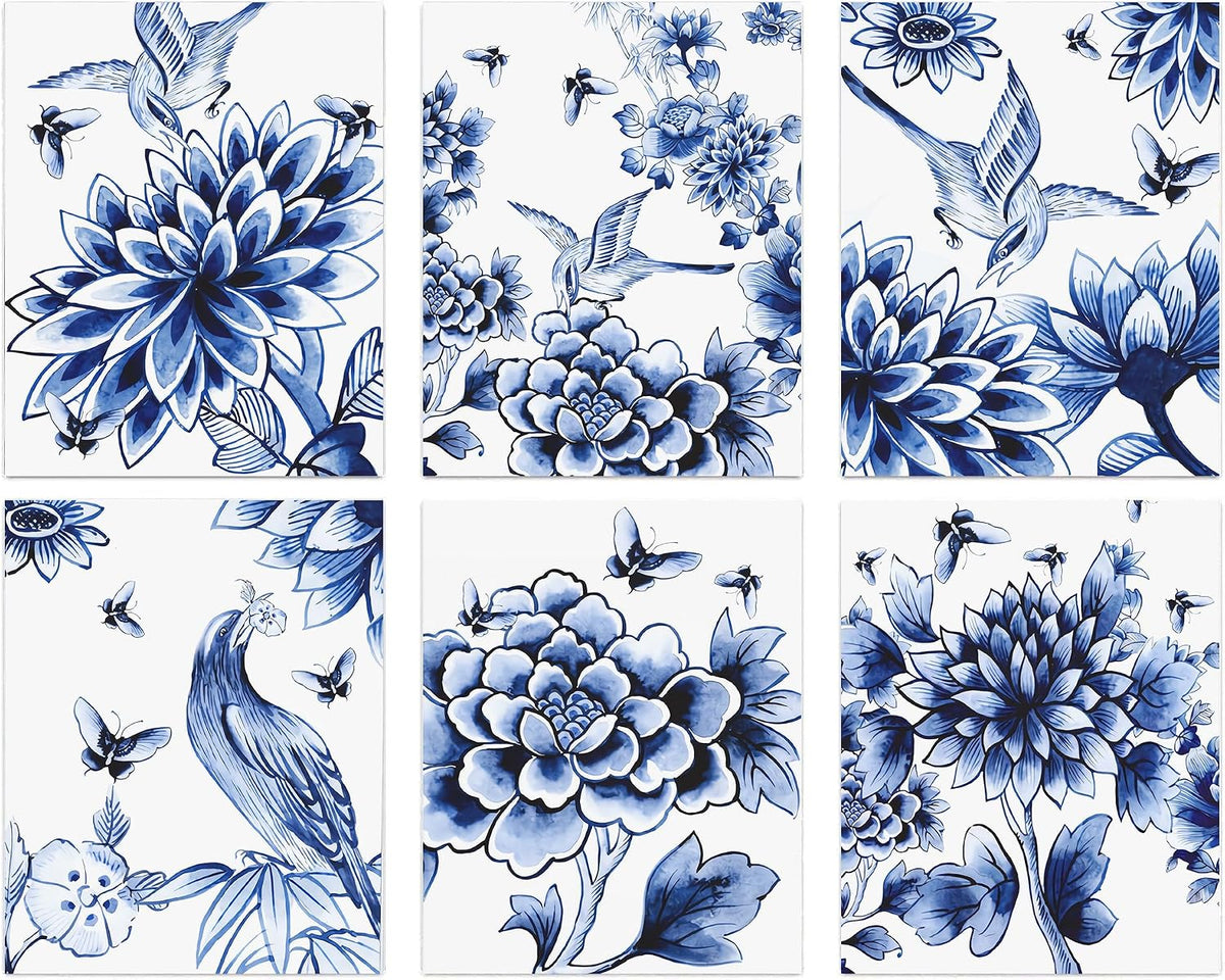6-Set Chinoiserie Blue Floral Birds Butterfly Wall Art (8"X10" Unframed)
