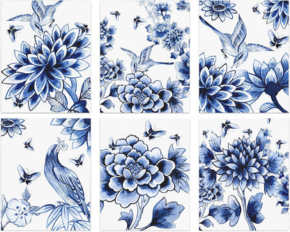 6-Set Chinoiserie Blue Floral Birds Butterfly Wall Art (8"X10" Unframed)