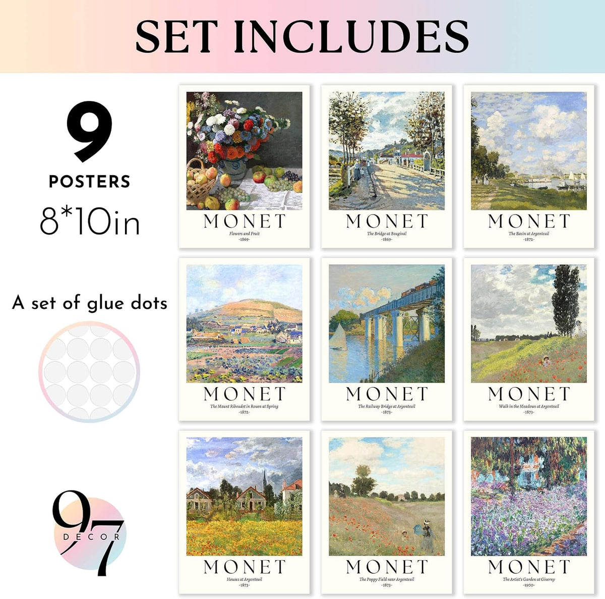 Claude Monet Wall Art, 9 Impressionist Prints, 8X10 Unframed