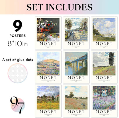 Claude Monet Wall Art, 9 Impressionist Prints, 8X10 Unframed