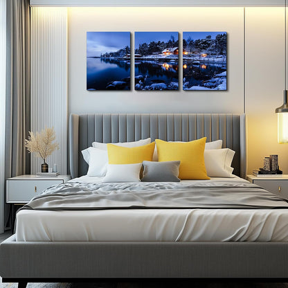 Snow in Winter Wall Art for Living Room Canvas Prints Artwork Bathroom Wall Decor Quiet Blue Lakes and Villages Painting 3 Pieces Framed Bedroom Wall Decorations Office Home Decor