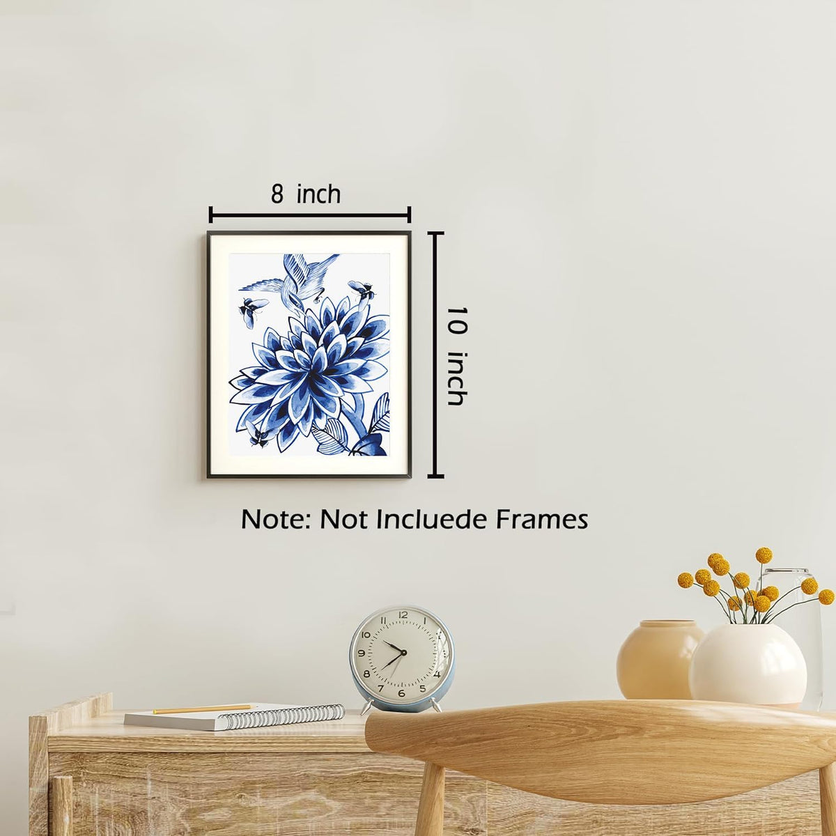 6-Set Chinoiserie Blue Floral Birds Butterfly Wall Art (8"X10" Unframed)