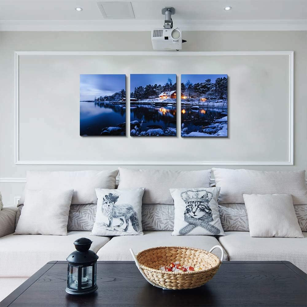 Snow in Winter Wall Art for Living Room Canvas Prints Artwork Bathroom Wall Decor Quiet Blue Lakes and Villages Painting 3 Pieces Framed Bedroom Wall Decorations Office Home Decor