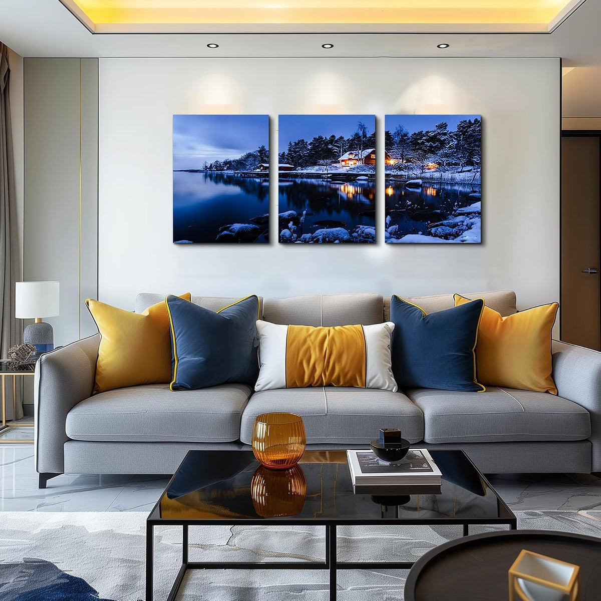 Snow in Winter Wall Art for Living Room Canvas Prints Artwork Bathroom Wall Decor Quiet Blue Lakes and Villages Painting 3 Pieces Framed Bedroom Wall Decorations Office Home Decor
