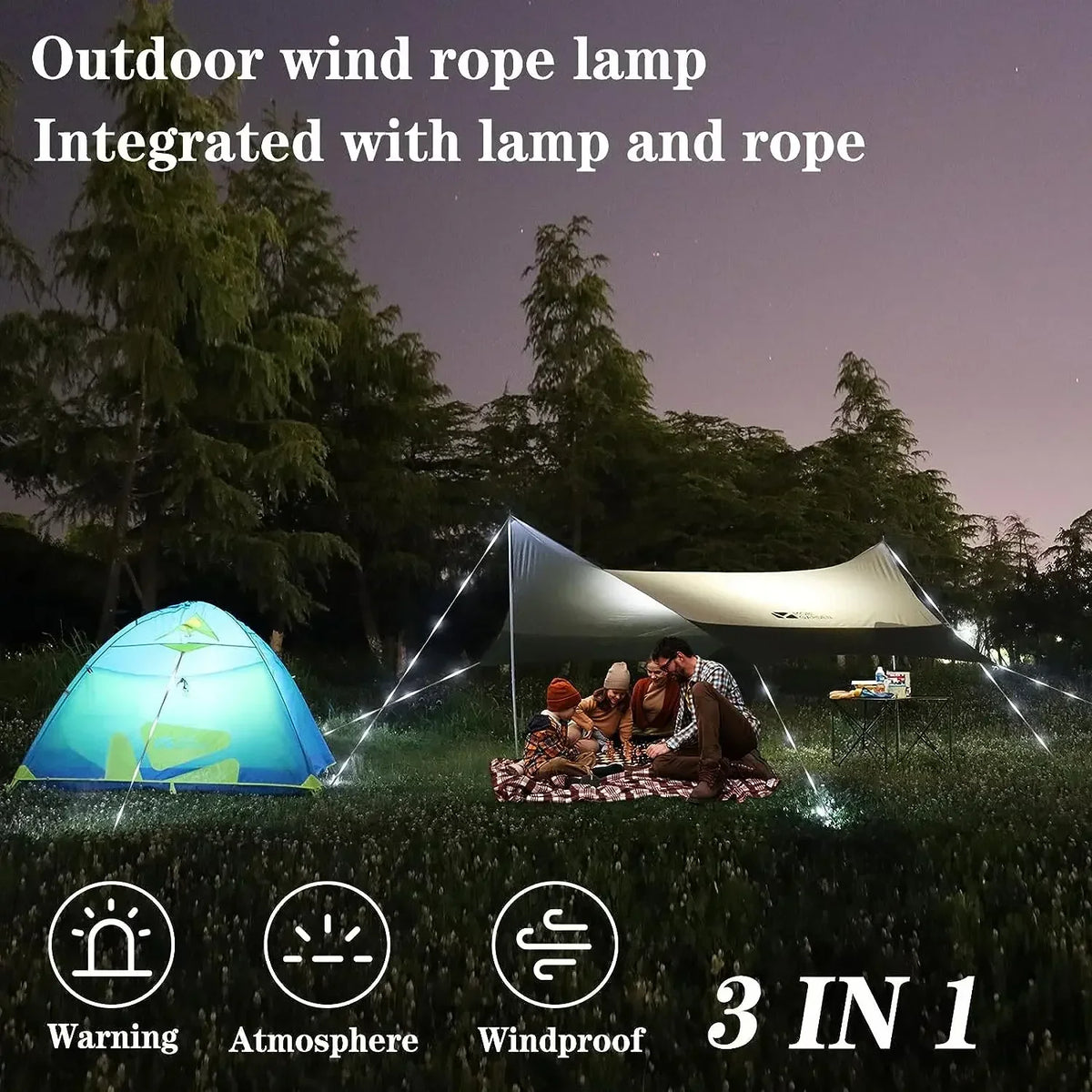 LED Camping Wind Rope Luminous Lamp Awning Tent Roof Anti-Trip Night Warning Atmosphere Light Outdoor Windproof Rope Light