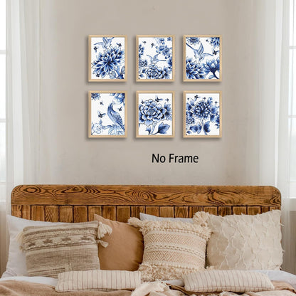 6-Set Chinoiserie Blue Floral Birds Butterfly Wall Art (8"X10" Unframed)